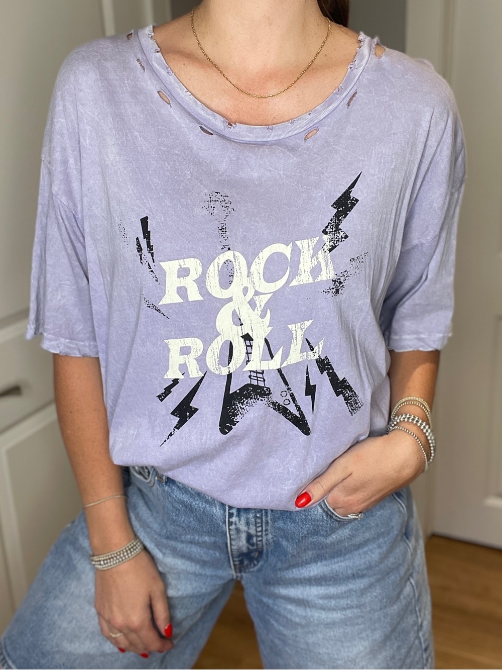 Rock & Roll Distressed Lavender Graphic Tee - Women